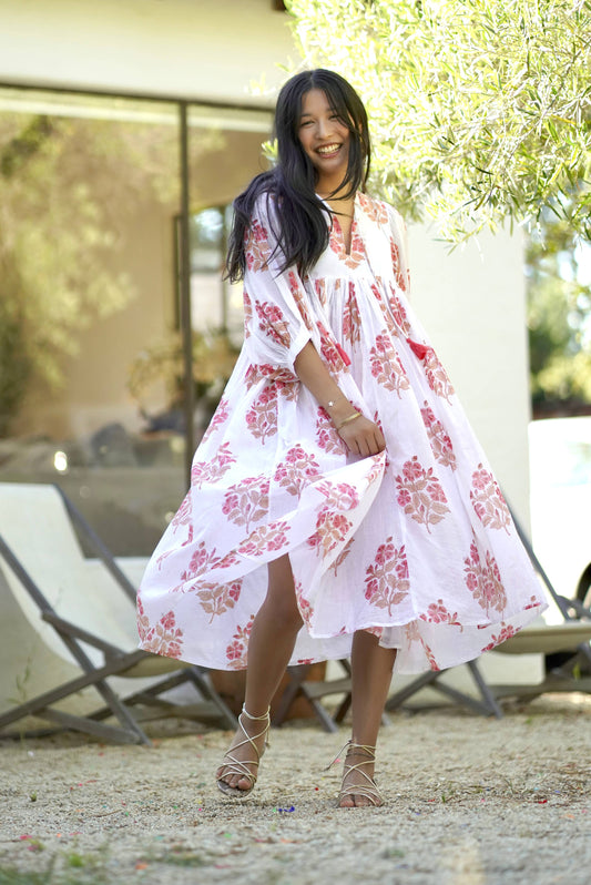 Mylah Midi Dress Block Printed White Coral 