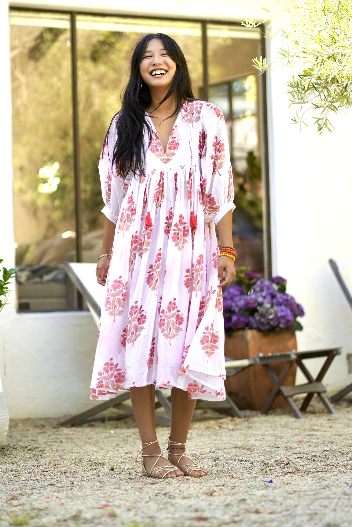 Mylah Midi Dress Block Printed White Coral 