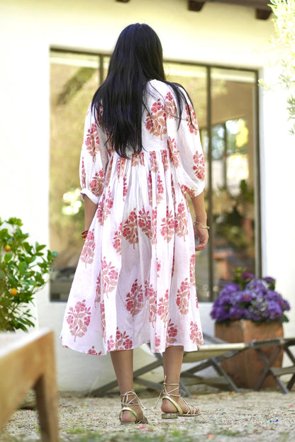 Mylah Midi Dress Block Printed White Coral 