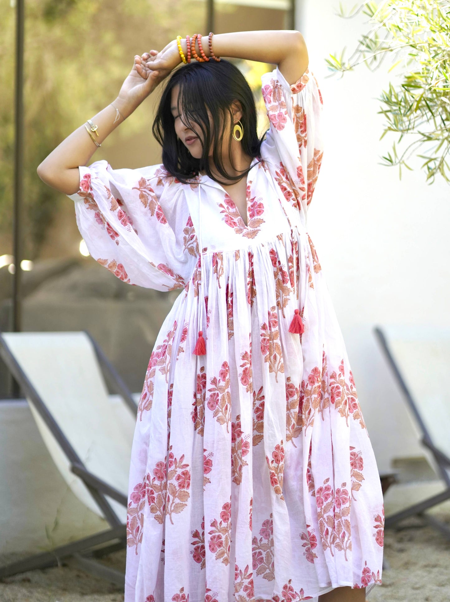 Mylah Midi Dress Block Printed White Coral 