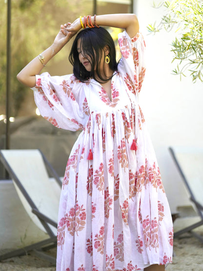 Mylah Midi Dress Block Printed White Coral 