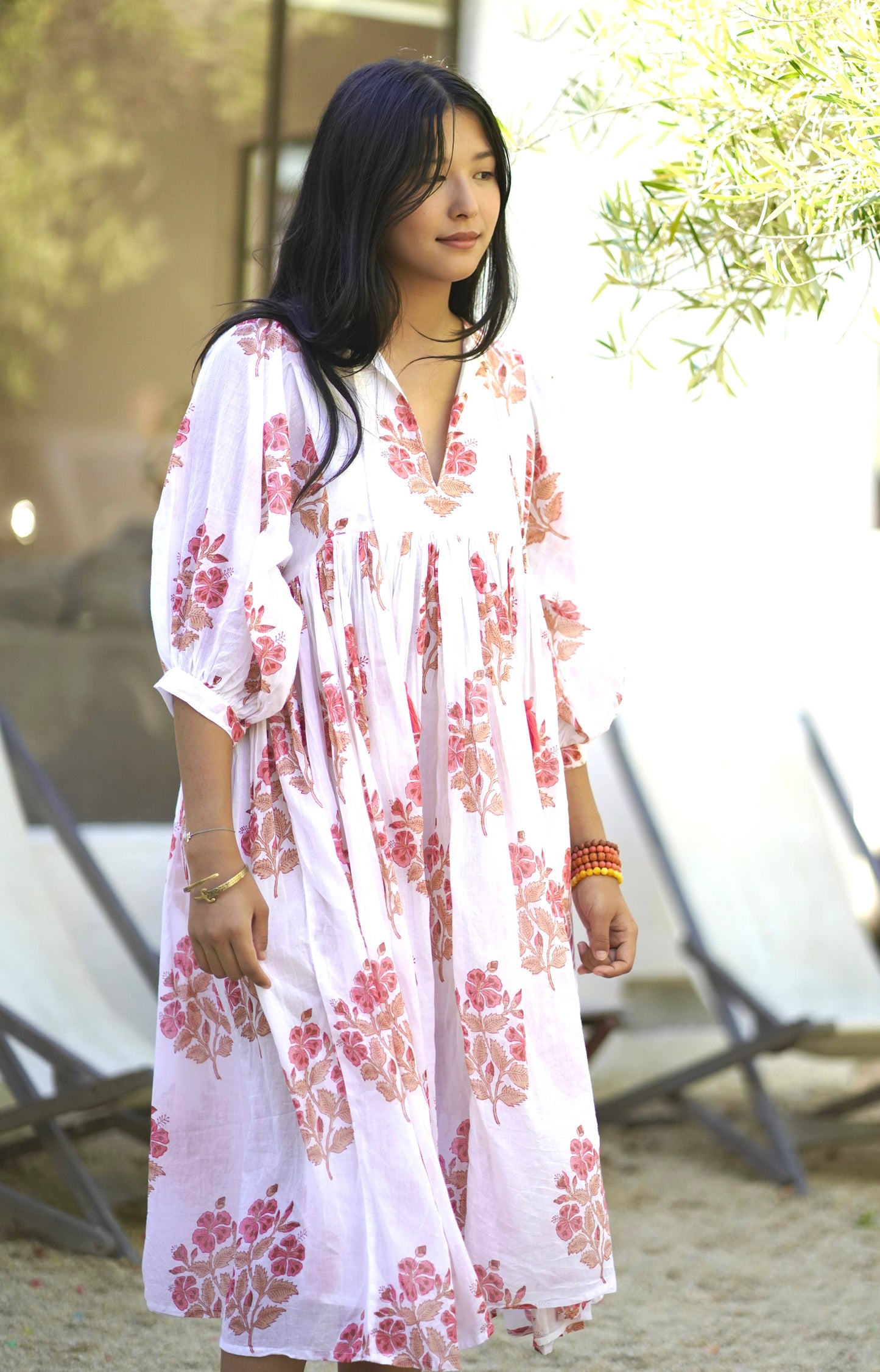 Mylah Midi Dress Block Printed White Coral 