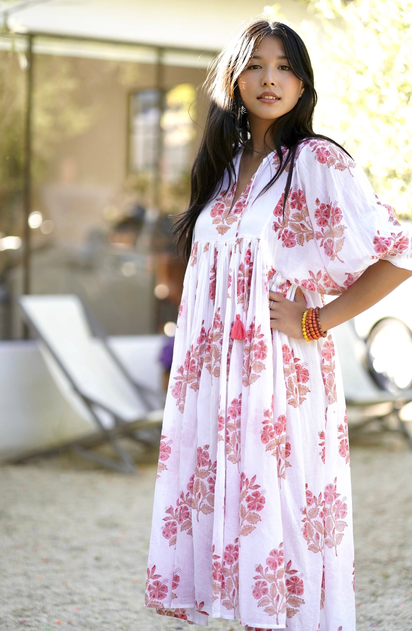 Mylah Midi Dress Block Printed White Coral 