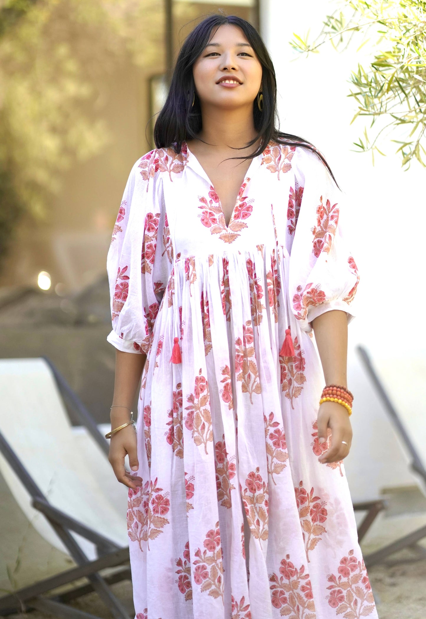 Mylah Midi Dress Block Printed White Coral 