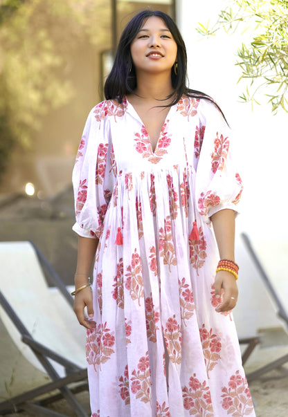 Mylah Midi Dress Block Printed White Coral 
