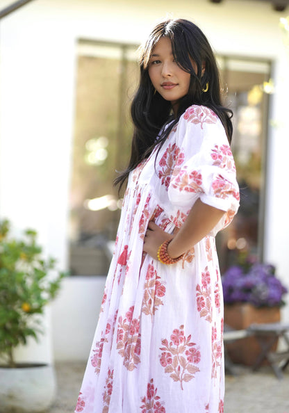 Mylah Midi Dress Block Printed White Coral 